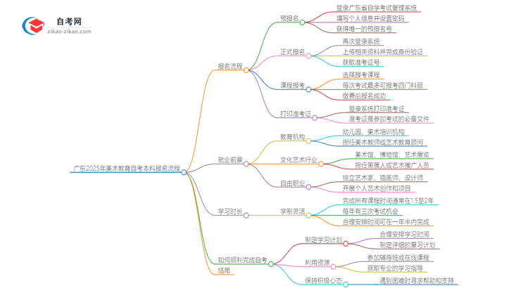 广东2025年美术教育自考本科报名流程讲解思维导图