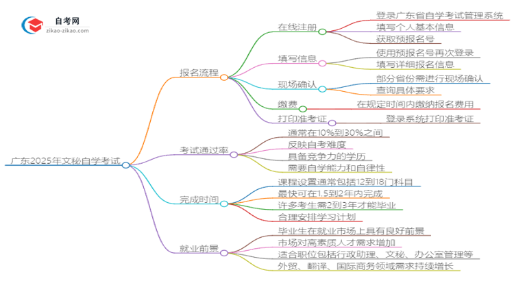 广东2025年文秘自学考试报名流程讲解思维导图